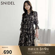 SNIDEL秋冬甜美碎花系帶收腰百褶雪紡連衣裙SWFO245033 棕色 S （0）