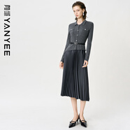 顏域假兩件收腰連衣裙2025冬季新款獨特設計感拼接大擺毛呢百褶裙 灰色 S