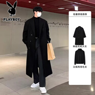 花花公子（PLAYBOY）羊毛外衣男子的冬季單排扣中長(cháng)度風(fēng)衣集與男子的秋季和冬季男子的 二件套黑色大衣+毛衣 S