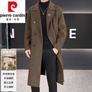 皮爾卡丹（pierre cardin）高端羊毛風(fēng)衣男士秋冬季手工呢子大衣男裝披風(fēng)長(cháng)款過(guò)膝雙面呢外套 咖色【羊毛雙面呢】+胸針 L 適合120-140斤