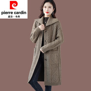 皮爾卡丹（pierre cardin）春秋季粗線中長款毛衣外套女2025新款針織衫寬松外搭羊毛針織開衫 駝色原版 M