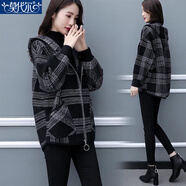 莫代爾格子外套女2025春秋新款開(kāi)衫時(shí)尚修身顯瘦加厚保暖女裝上衣 黑色 L