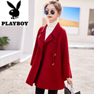 花花公子（PLAYBOY）2025新秋冬季羊·絨大衣女中長(cháng)款國風(fēng)紅過(guò)年斗篷a字毛呢外套小個(gè) 紅色 S 80-100斤