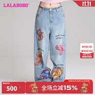 LALABOBO袁一琦同款純棉牛仔褲女高腰顯瘦小熊印花寬松闊腿褲RBED-WXZC19 中藍(lán)白 常規(guī) 28 建議135-145斤