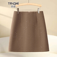 唐謎亮片半身裙女春秋季2025新款高腰通勤顯瘦包臀裙韓系黑色a字短裙 【毛呢秋冬款】咖色-短款 XL (29)