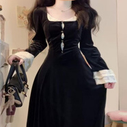 jane Deiune法式黑色喇叭袖連衣裙秋冬季流行風(fēng)格大碼女裝巨好看絕美喇叭袖小 黑色絲絨禮服裙子 3XL _建議160-180斤