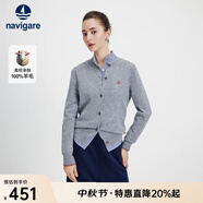 Navigare意大利小帆船毛衣外套女士秋冬款純羊毛圓領(lǐng)羊毛衫氣質(zhì)針織開(kāi)衫 煙灰 M