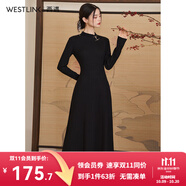 西遇法式氣質(zhì)長袖針織連衣裙女2025新款秋冬設(shè)計感簡約長裙 黑色 S