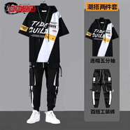 邊七兩件套】港仔文藝ins夏季男士短袖t恤涂鴉印花棉質(zhì)衣服男寬松 兩件套短袖斜插口袋黑色+7155黑 M