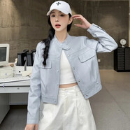 落跑姐妹（Runaway Sisters）春季寬松水洗PU皮衣女長(cháng)袖機車(chē)服短外套韓版夾克女士上衣605 淺藍色(有墊肩) 單里 M 建議80-100斤