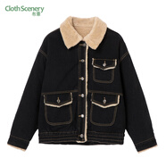 布景牛仔外套女加厚冬季休閑仿羊羔毛絨翻領(lǐng)箱型短款棉服 黑色 S