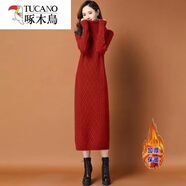 啄木鳥(niǎo)長(cháng)款毛衣裙過(guò)膝2025秋冬季新款高領(lǐng)大碼女裝配大衣針織連衣裙加厚 酒紅色【全身加絨加厚】 L 【建議105-115斤