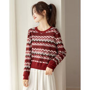 MONTAGUT2025秋季新款復古酒紅波浪紋針織衫上衣女圓領(lǐng)長(cháng)袖撞色毛衣女 紅色 M