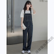 瓏媋牛仔背帶褲女春秋新款新款寬松減齡工裝連體直筒顯瘦吊帶褲子 藍灰【71011】 XL