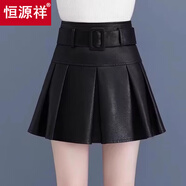 恒源祥復(fù)古燈芯絨百褶裙女2025秋冬季新款高腰短裙辣妹a字裙加厚半身裙 626#黑色（皮款） S