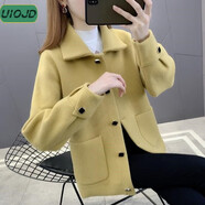 UIOJD雙面毛呢外套女2025秋冬新款韓版寬松仿水貂毛開(kāi)衫加厚短款上衣 黃色 XL 120斤-130斤