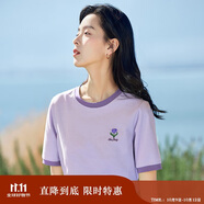 茵曼涼感撞色繡花女裝正肩短袖t恤2025夏季新品打底襯衫上衣 淡紫色 M