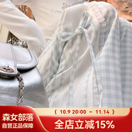 森女部落原創(chuàng)甜美白格紋蕾絲小花邊休閑褲女2025春季新款女裝 藍(lán)色褲子（常規(guī)版（單件） S