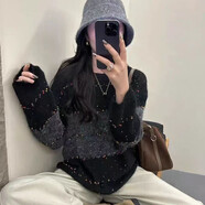 壹號鳳彩點(diǎn)條紋長(cháng)袖針織衫毛衣秋冬2025大碼新款mm寬松慵懶上衣 黑色 品質(zhì) 加厚保暖 M  建議體重90-105斤