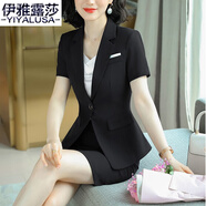 伊雅露莎夏季職業(yè)裝女套裝短袖小西裝正裝西服通勤修身商務(wù)面試工作服8616 黑色西裝+裙子 3XL