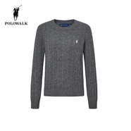 POLOWALK女士羊毛衫秋冬新款圓領(lǐng)套頭時(shí)尚經(jīng)典絞花潮流毛衣 灰色 XL (170)