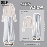 班尼路（Baleno）S&K系列休閑時(shí)尚套裝女裝半高領(lǐng)打底衫上衣服香蕉直筒褲子兩件套 淺卡其#純色+麻灰#純色 S