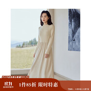 茵曼法式燈芯絨連衣裙秋冬女裝高領長袖A擺針織中長裙子 淡香杏 L 