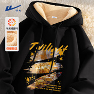 回力衛衣男士秋冬款日系加絨加厚連帽外套男女款重磅潮牌情侶裝上衣服 【保暖羊羔絨】黑色(大日暮晚巷) XL (建議140斤-160斤左右)