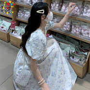 CS.LION初戀夏日新款氣質(zhì)碎花連衣裙女泡泡袖森系初戀法式收腰裙中長(cháng)裙子 藍色森系長(cháng)裙 2XL 140-155斤