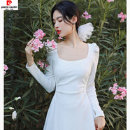 皮爾卡丹法式方領(lǐng)白色長袖連衣裙女秋冬感生日小禮服收腰領(lǐng)證長裙子 白色長款高質(zhì)量 M