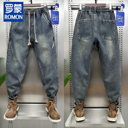 羅蒙（ROMON）秋冬季新款加絨加厚拼接牛仔褲男士錐形哈倫褲子抽繩收腰休閑長(cháng)褲 藍色 常規 L