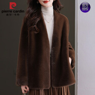 皮爾卡丹（pierre cardin）水貂絨皮草大衣中長(cháng)款毛衣外套女開(kāi)衫寬松女裝羊毛衫加厚口袋 咖色 M 建議95--110斤