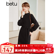 betu百圖女裝網(wǎng)紗拼接小高領(lǐng)木耳邊燈籠袖針織連衣裙女2110T69 黑色 M