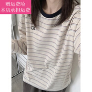 Fickan橫條紋t恤女長(cháng)袖上衣日系復古女春季小個(gè)子學(xué)院風(fēng)寬松打底衫上衣 圖片色條紋【純棉款】 XL