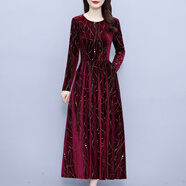 恒源祥品牌金絲絨連衣裙女2025秋冬高貴洋氣長(cháng)款貴婦人裙子 棗紅色. M 推薦80-斤