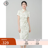 固執(zhí)（OBSTINATE）【特價(jià)】2025夏季新中式竹葉提花日常顯瘦改良短袖氣質(zhì)旗袍連衣裙 淺綠色 M