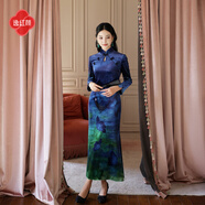 逸紅顔（E.Beauty）逸紅顏景嵐2025冬新款蝶舞初見(jiàn)魚(yú)尾生姿印花絲絨魚(yú)尾旗袍連衣裙女 晚波藍 XL