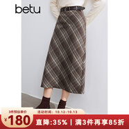 百圖betu女裝冬季新款半身裙直筒復古格紋百搭顯瘦裙子女2410D04 咖格 XS