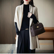 秋季百搭中長(cháng)款羊毛披肩女士新款大碼斗篷加厚外套蝙蝠袖無(wú)扣毛衣 奶駝色 均碼 七針加厚400