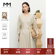 麥檬MM商場同款春新純棉卡其v領(lǐng)法式氣質(zhì)收腰通勤九分袖連衣裙女 淺卡其 XS