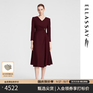 歌力思（ELLASSAY）秋季新款綿羊毛優(yōu)雅氣質(zhì)不對稱高腰捏褶V領(lǐng)連衣裙女EWF353Y05000 酒紅色 XL
