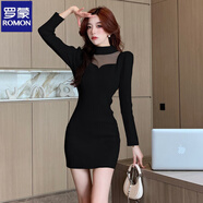 羅蒙（ROMON）品牌法式半高領(lǐng)針織連衣裙女秋冬內搭小個(gè)子網(wǎng)紗拼接毛衣短裙包臀 黑色 XS