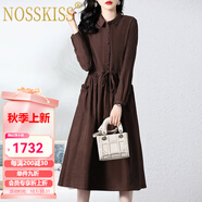 NOSSKISS奢侈高檔品牌長(cháng)袖襯衫連衣裙女2025秋季新款氣質(zhì)收腰顯瘦有中長(cháng)裙 深咖 M [建議110斤以?xún)萞
