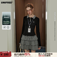 UNIFREE格子拼接長袖連衣裙女polo領(lǐng)收腰撞色復(fù)古花邊蓬蓬百褶裙 黑色 L