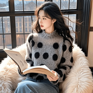 大碼女裝灰色波點(diǎn)印花半高領(lǐng)毛衣新款設(shè)計(jì)感慵懶風(fēng)軟糯針織上衣 灰色 3XL 建議140-150斤