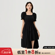 快魚方領(lǐng)泡泡袖新品連衣裙2024新款女夏不規(guī)則設(shè)計(jì)感收腰顯瘦氣質(zhì)長(zhǎng)裙 黑色 L