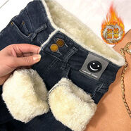 薩肯貓（SAKENMAO）特厚東北加絨棉褲外穿高腰加厚牛仔褲女冬季羊羔毛顯瘦小腳靴褲子 藍灰色【加絨】 加厚 M