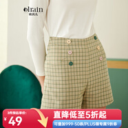 Olrain歐芮兒女裝高腰休閑格子短褲女修身顯瘦寬松百搭闊腿褲 格子 S