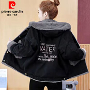 皮爾卡丹加絨加厚牛仔外套女秋冬季2025年新款保暖牛仔衣女裝棉衣棉服襖子 8830#繡花【黑色】 加絨 S 【建議80--100斤】