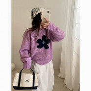 俞兆林（YUZHAOLIN）韓系圓領(lǐng)套頭針織毛衣女2025秋冬新款針織毛花朵提花短款針織毛衣 紫色 M 95-105斤
